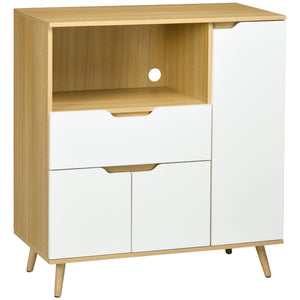 Modern microwave cabinet with drawer, storage, and cable management for kitchen and dining room, white.