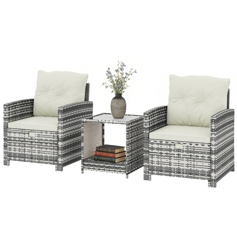 5 Piece Patio Furniture Set, Wicker Patio Chairs with Ottomans, 2-Tier Glass Coffee Table and Cushions, Grey/Cream White