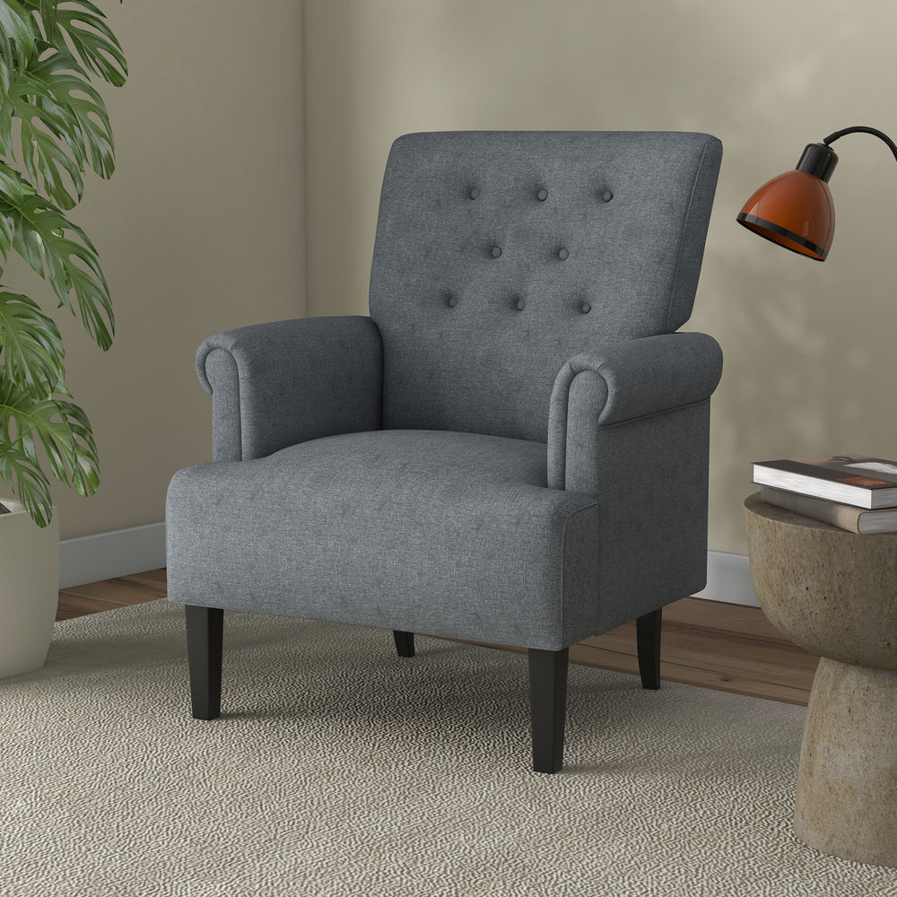 Fabric accent chair with wooden legs and rounded armrests, gray