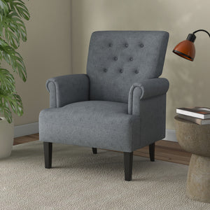 Fabric accent chair with wooden legs and rounded armrests, gray