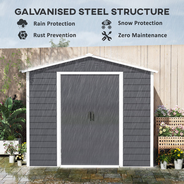 Improved galvanized metal garden shed with lockable doors, dark grey