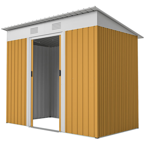Metal garden shed with lockable sliding doors and ventilation, yellow