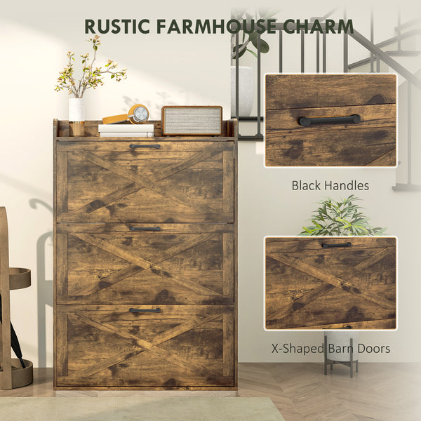Farmhouse Style Shoe Cabinet with 3 Drop-Down Drawers and Adjustable Shelves, Rustic Brown