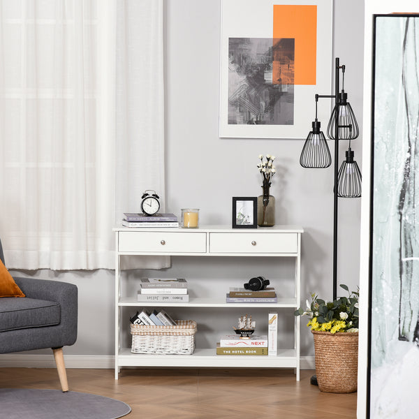Narrow entryway console table with storage shelves, white
