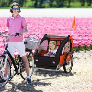 2-seater bicycle trailer with sturdy steel frame, 5-point safety harness, orange