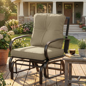 Rocking armchair with cushions, steel frame, curved armrests, beige