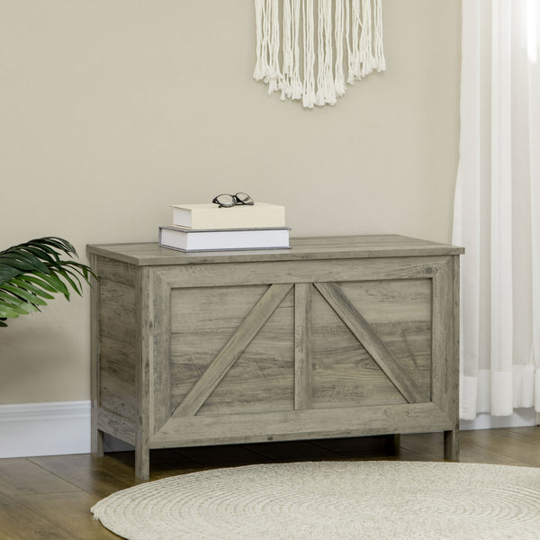 Farmhouse style storage chest, 100° opening safety hinge, grey wood grain