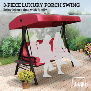 Swing chair for 3 people with steel canopy and padded seat, wine red