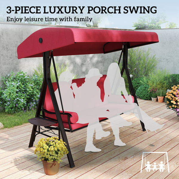 Swing chair for 3 people with steel canopy and padded seat, wine red