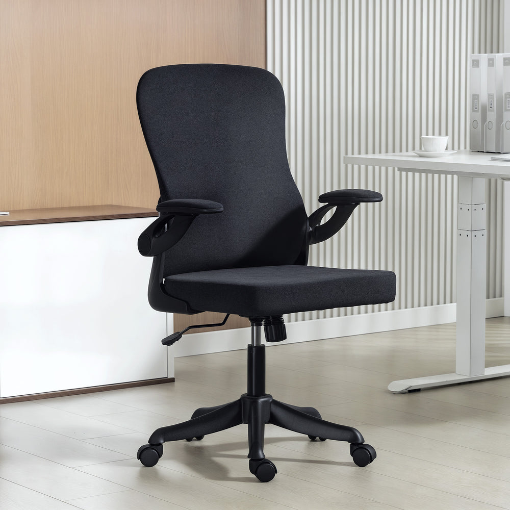 Ergonomic swivel office chair with adjustable lumbar support and height, flip-up armrests, casters, black