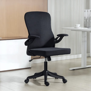 Ergonomic swivel office chair with adjustable lumbar support and height, flip-up armrests, casters, black