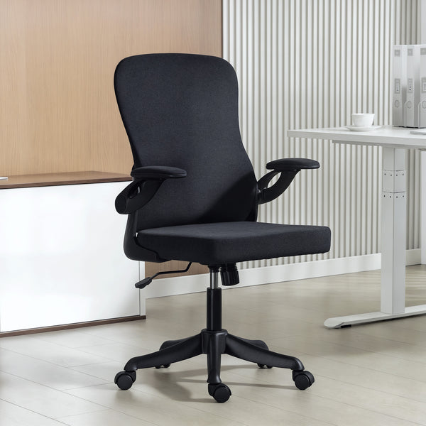 Ergonomic swivel office chair with adjustable lumbar support and height, flip-up armrests, casters, black