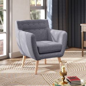 Mid-century armchair with wooden frame and thick padding, light gray