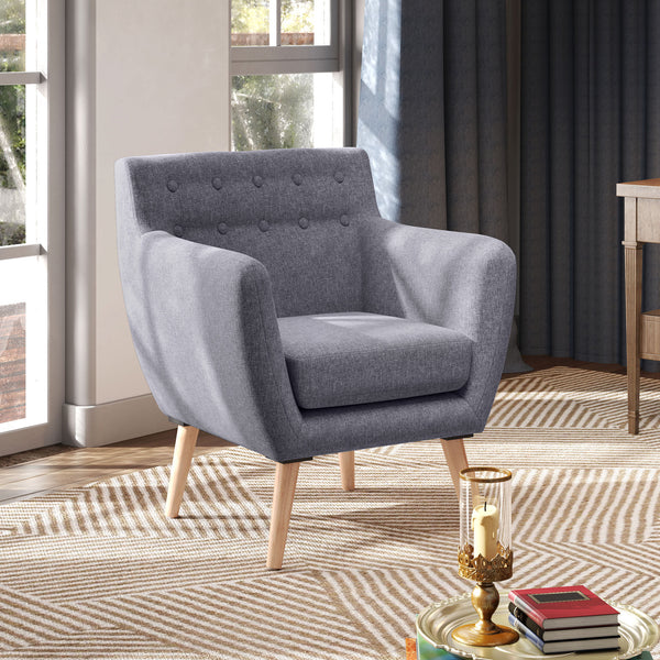 Mid-century armchair with wooden frame and thick padding, light gray