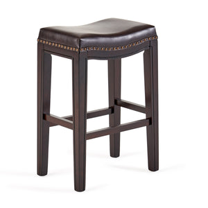 Set of 2 contemporary studded bar stools, rubberwood saddle seat, brown