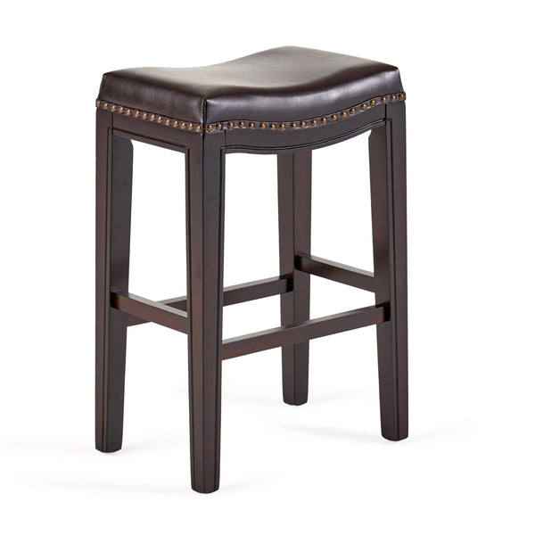 Set of 2 contemporary studded bar stools, rubberwood saddle seat, brown