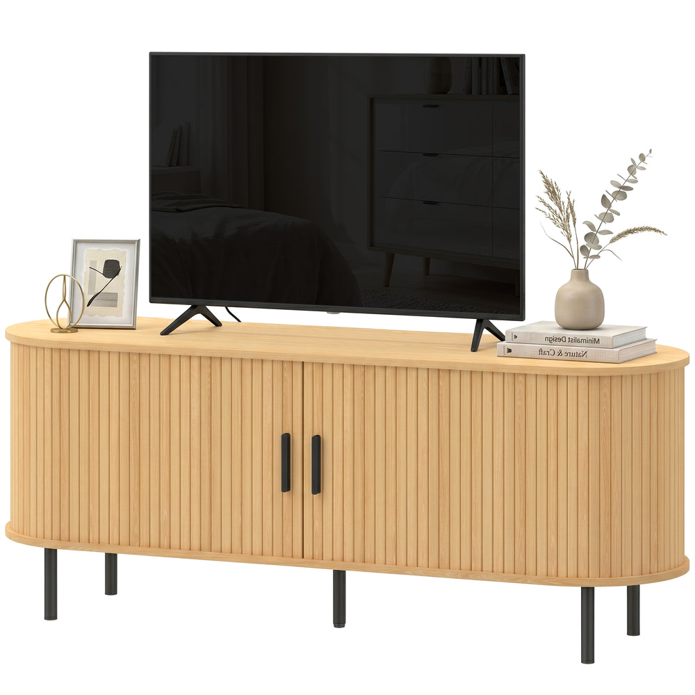 TV stand for up to 60-inch TVs, modern entertainment center with curved sliding doors, natural wood