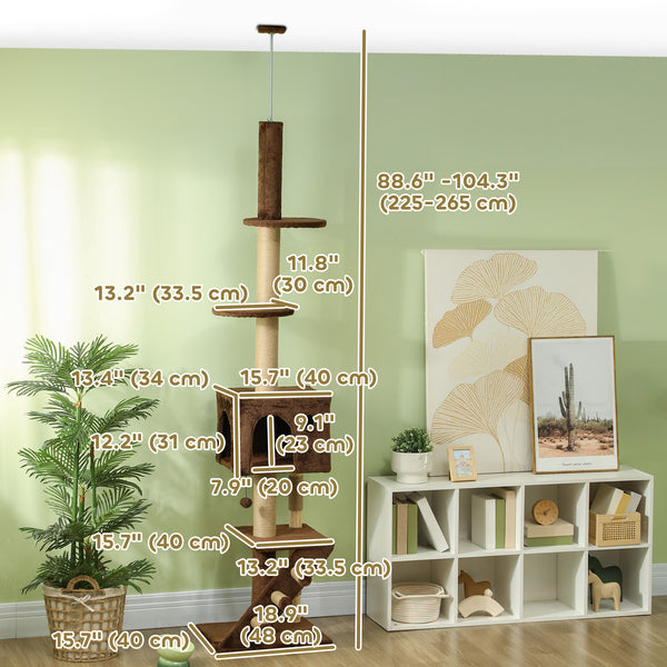 226-264cm Cat Tree with Scratching Post, 3 Steps, Hanging Ball, Brown 