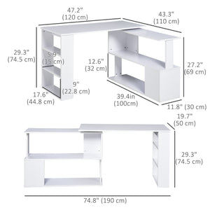47" L-shaped corner desk, 360° rotating, reversible, with storage shelf, white