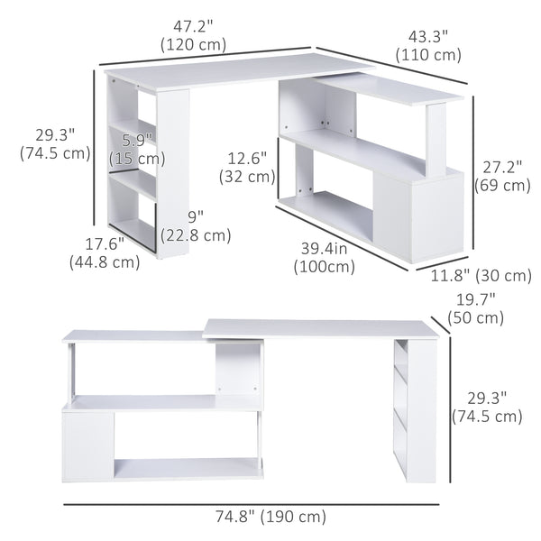 47" L-shaped corner desk, 360° rotating, reversible, with storage shelf, white