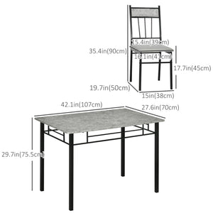 5-Piece Dining Set for 4, with Marble-Effect Top, Upholstered Chairs and Grey Metal Frame.