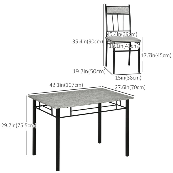 5-Piece Dining Set for 4, with Marble-Effect Top, Upholstered Chairs and Grey Metal Frame.