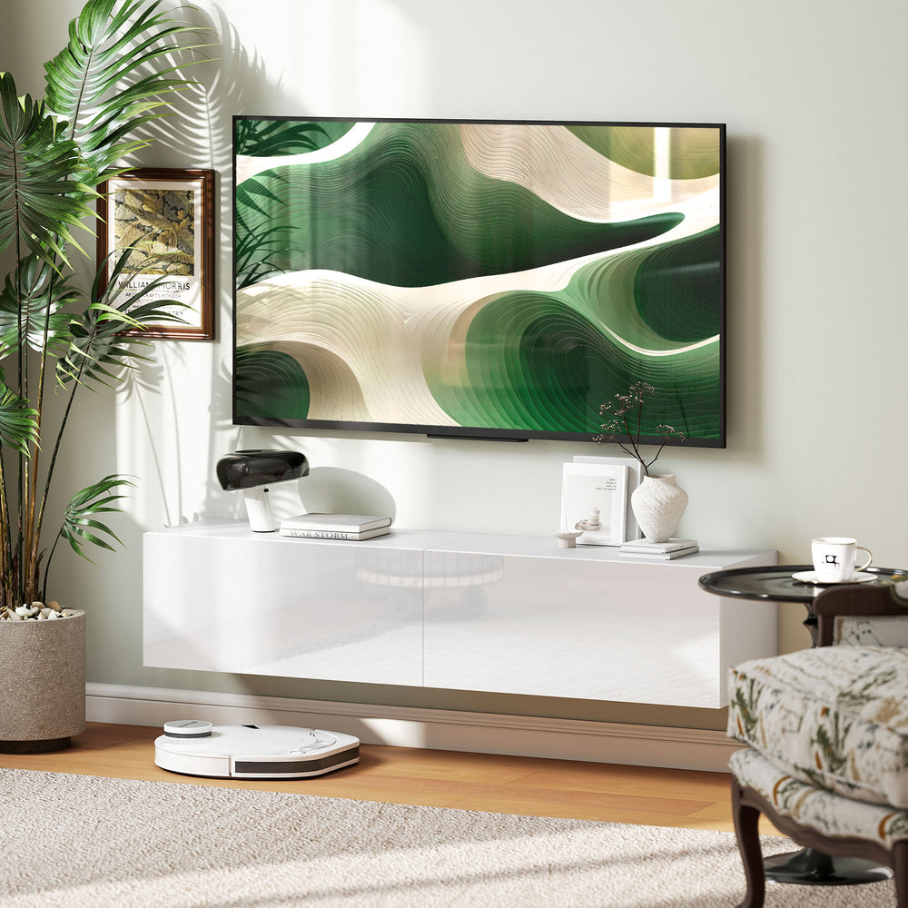 Wall-mounted TV cabinet with storage for TVs up to 65 inches, white