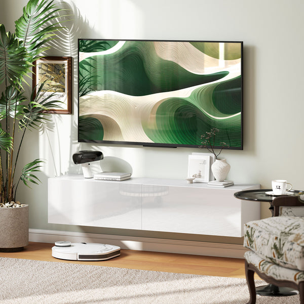 Wall-mounted TV cabinet with storage for TVs up to 65 inches, white