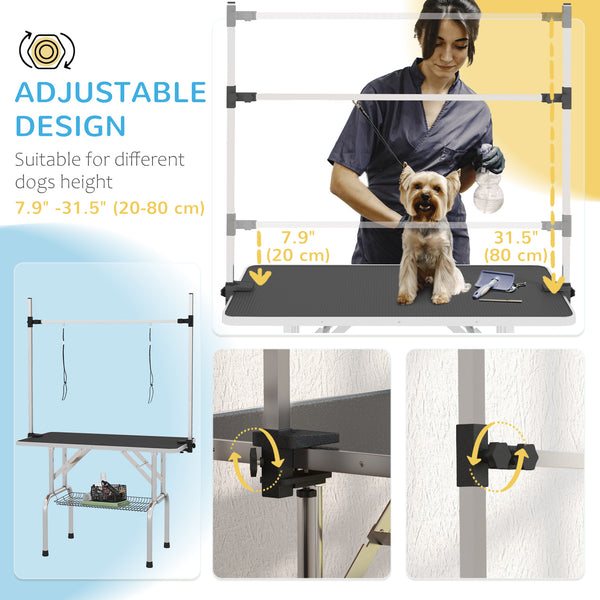 Adjustable Dog Grooming Table with 2 Safety Straps and Storage Basket, Black