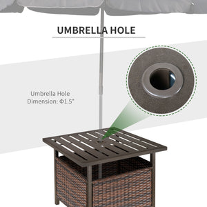 Outdoor patio coffee table in woven rattan with parasol hole, brown
