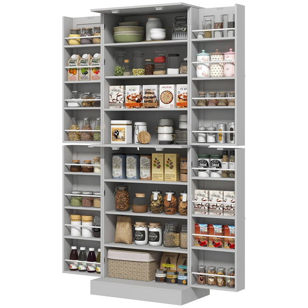 65-inch Kitchen Cabinet, Pantry with 4 Doors and 16 Shelves for Dining Room, Gray