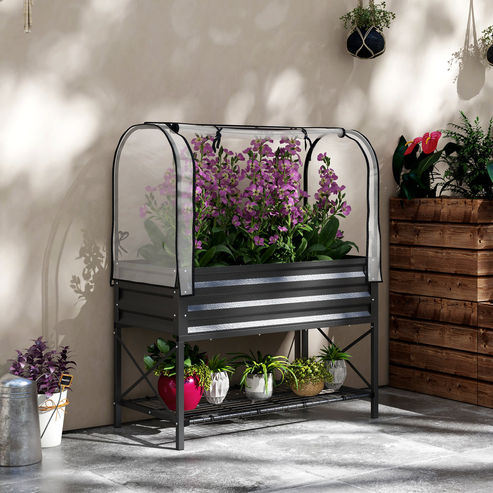Raised planter with lid, bottom shelf and liner, black