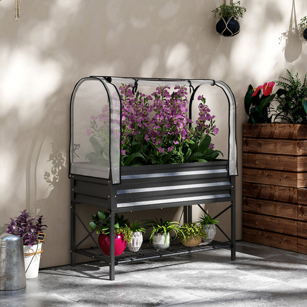 Raised planter with lid, bottom shelf and liner, black