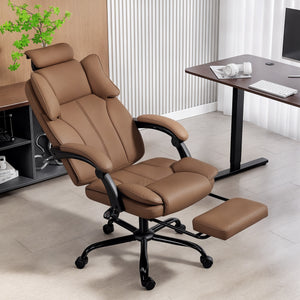 Reclining office chair with pet-friendly fabric upholstery, headrest, footrest, and swivel casters, brown
