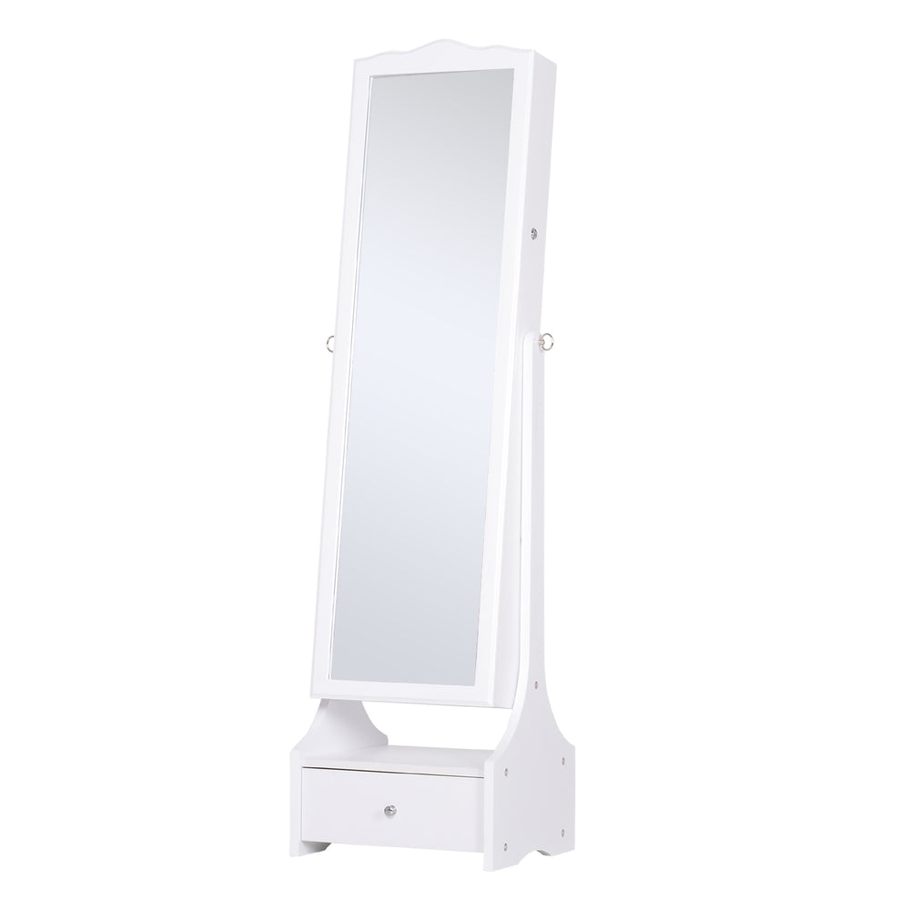 Freestanding jewelry cabinet with LED lighting, full-length mirror, adjustable angle, white