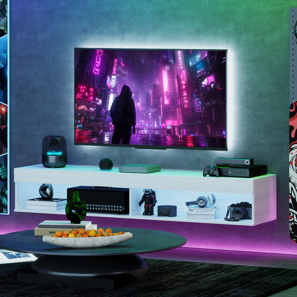 Modern wall-mounted TV unit with storage and LED lighting for TVs up to 75 inches, white