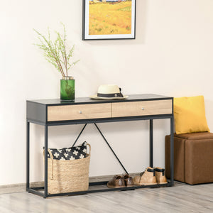Entrance console table with 2 drawers, coffee table with steel frame, black