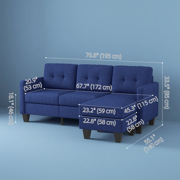 3-seater L-shaped corner sofa with ottoman, thick cushion and wooden legs, dark blue