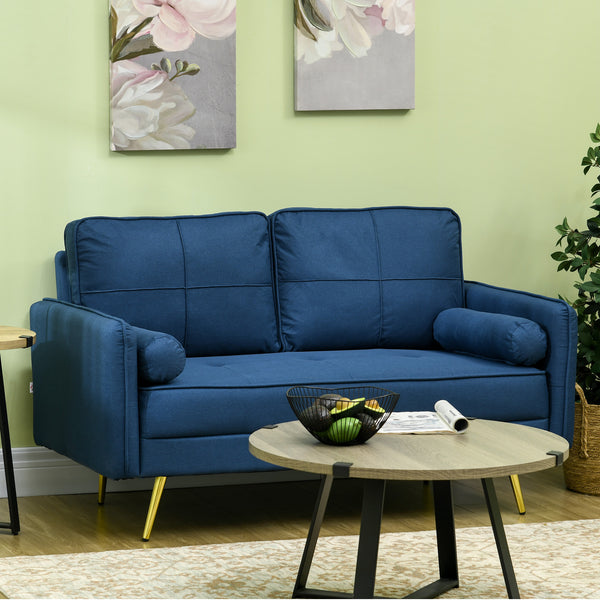 2 seater upholstered sofa with back cushions and pillows, blue