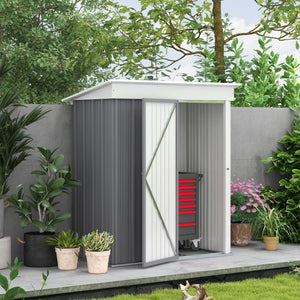 Lean-to steel garden shed with adjustable shelf, lock and gloves, grey