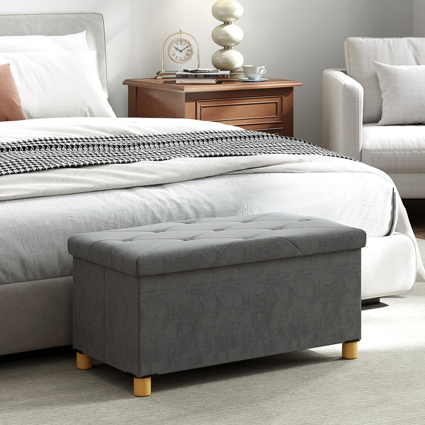 Velvet Upholstered Storage Bench with Wooden Legs, Grey