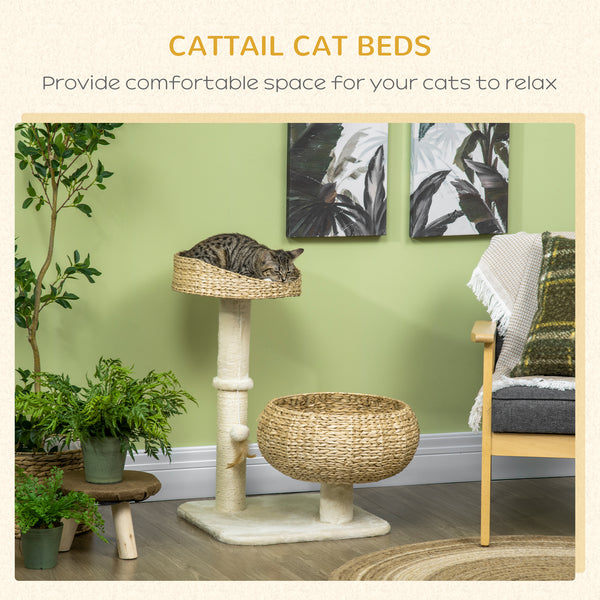 71cm Cat Tree with Scratching Post and 2 Beds, Beige