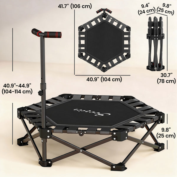 Foldable mini trampoline with adjustable support bar and 400 lb capacity