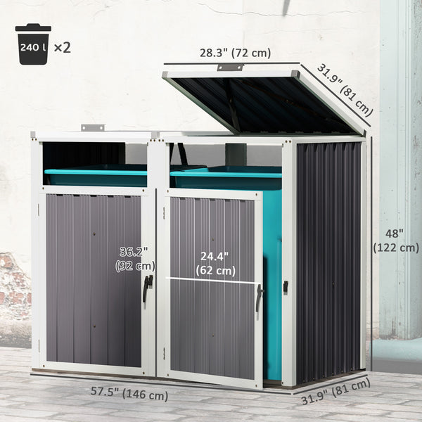 Lockable outdoor double bin shelter with hinged lid, dark grey
