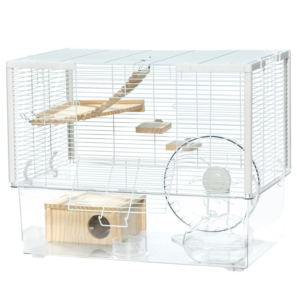 Hamster Cage with Deep Bottom, Wooden Ramp, Hut, Bathroom and Exercise Wheel for Hamster and Gerbil, White
