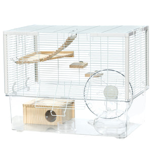 Hamster Cage with Deep Bottom, Wooden Ramp, Hut, Bathroom and Exercise Wheel for Hamster and Gerbil, White