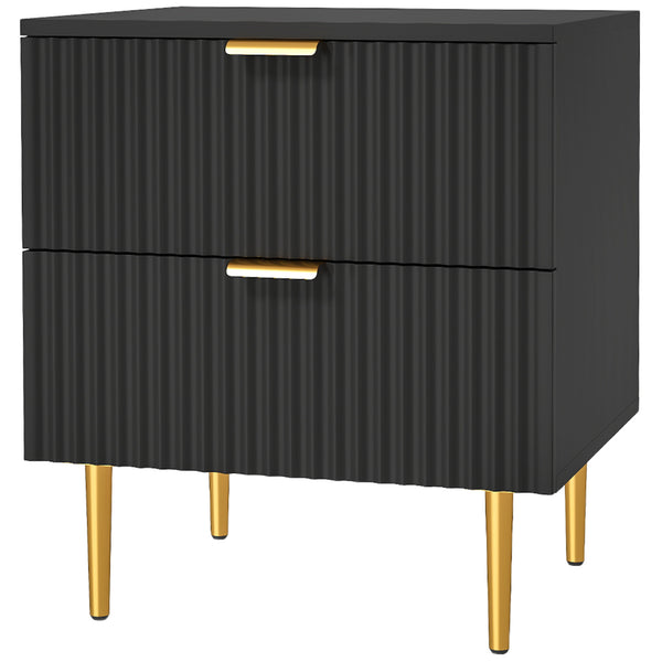 Modern bedside table with 2 fluted drawers and gold handles – Black