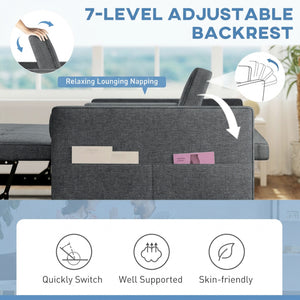 Dark grey two-seater linen trundle sofa bed with USB ports