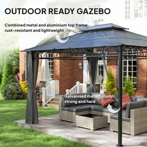 10' x 12' gazebo with double rigid roof, polycarbonate roof, steel frame, mosquito netting and curtains