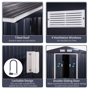 Metal garden shed with double sliding doors and 4 vents, dark grey